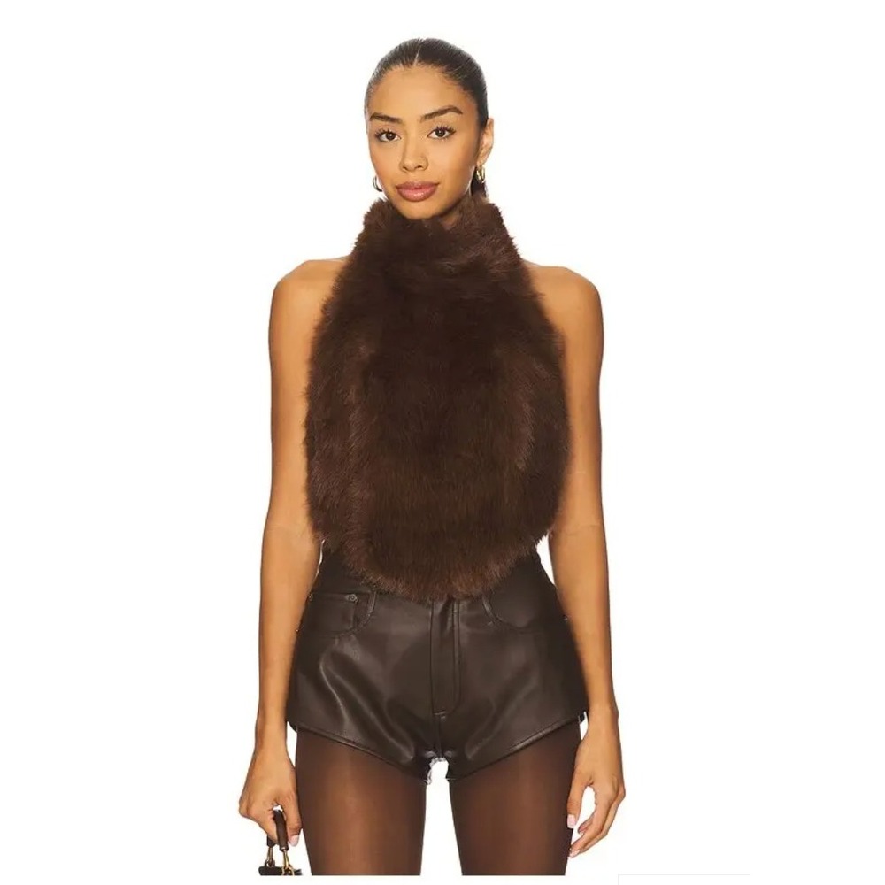 Bardot Julietta Chocolate Faux Fur Halter Crop Top NWT XS US 2